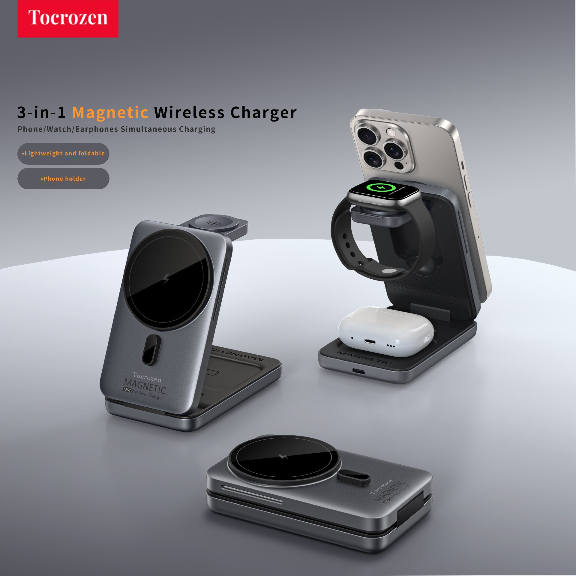 Foldable Phone StandTocrozen 3-in-1 Foldable Magnetic Wireless Charger Stand for iPhone, Apple Watch & AirPods ✨ 产品核心故事（详情页叙事版） Imagine waking up every morning with your iPhone, Apple Watch, and AirPods all fully charged, no tangled cables, no messy desk. This compact 3-in-1 wireless charger is designed to make your daily life simpler and more stylish, whether you’re at home, in the office, or on the go. With a slim, foldable design, it transforms from a pocket-sized device into a stable charging stand in seconds. The strong magnetic alignment keeps your iPhone securely attached, supporting 360° rotation and adjustable angles for hands-free streaming, video calls, or working. Crafted with premium alloy texture and available in three elegant colors—Titanium, Gray Sky, and Elegant Silver—it adds a touch of light luxury to any space. Built-in metal heat dissipation holes ensure safe, efficient charging, while the anti-slip base keeps your devices stable. One charger powers all your Apple devices simultaneously: 15W fast charging for iPhone 12/13/14/15/16 series, 2.5W for Apple Watch, and 5W for AirPods. It’s the ultimate space-saving solution, replacing three separate chargers with one sleek, portable unit. Lightweight and travel-friendly, it folds flat to fit easily in your bag, so you never have to choose between convenience and style again. 📌 关键卖点（Bullet Points，平台通用） 3-in-1 Simultaneous Charging: Powers iPhone, Apple Watch, and AirPods at the same time, no extra cables needed MagSafe-Compatible Fast Charging: 15W magnetic wireless charging for iPhone 12-16 series, 2.5W for Apple Watch, 5W for AirPods Foldable & Ultra-Portable: Compact foldable design (107×66×27mm) for easy storage and travel Adjustable Stand Function: 360° rotation and multi-angle adjustment for hands-free use Premium Build & Safety: Alloy texture, dual-side heat dissipation, anti-slip base, and charging indicator light Wide Compatibility: Works with most MagSafe-enabled iPhones, Apple Watch Series 1-10/Ultra, and AirPods with wireless charging cases Desk & Nightstand Friendly: Keeps your workspace tidy and charges all devices overnight 📋 产品规格（参数表英文版） 表格 Item	Specification Name	3-in-1 Foldable Magnetic Wireless Charger Material	ABS + PC Mirror Panel Colors	Titanium / Gray Sky / Elegant Silver Input	5V-3A / 9V-2A Output	5W / 7.5W / 10W / 15W Interface	Type-C Folded Size	107 × 66 × 27 mm Package Contents	Wireless Charger ×1, User Manual ×1, Type-C Cable ×1